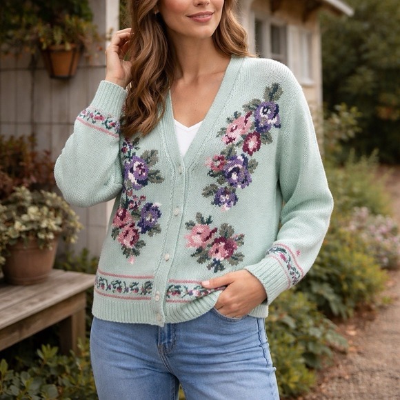 Vtg Hand Knit Charter Club Floral Cardigan Womens M Cottagecore Granny Sweater - Picture 2 of 11